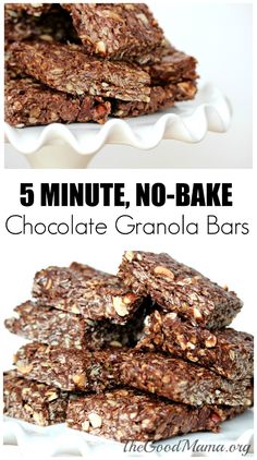 chocolate granola bars stacked on top of each other with text overlay that reads 5 minute no - bake chocolate granola bars