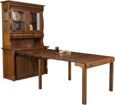 a dining room table and hutch with glass doors on the top, in front of a white background