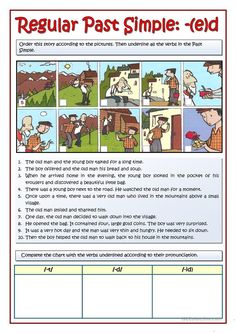 the regular past simple - red worksheet is shown in this cartoon style, with pictures