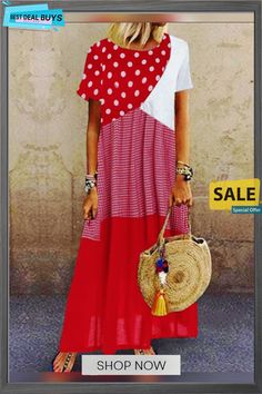 Women's Maxi Long Dress Short Sleeve Polka Dot Print Summer Hot Casual Blue Red Yellow Red Combo S M L Xl Xxl 3xl Casual Polka Dot Patchwork Dress, Casual Red Patchwork Dress, Maxi Long Dress, Summer Hot, Dress Short Sleeve, Women Maxi, Polka Dot Print, Dress Short, Dot Print