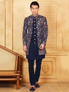 Blue indowestern for men made in the finest silk fabric with thread and hand embroidery all over sherwani in front open pattern with a silk jacketed style kurta inside and a fitted trouser to compliment it.You can customize it according to your measurement as the fitting make it more beautiful to wear. indo western wear for men,indo western outfits for mens,indo western for groom,indo western for mens online COST INCLUDES SHERWANI,TROUSER & INNER KURTA Indowesten Design Men, Groom Wedding Sherwani, Indowestern Outfits For Men, Blue Jacket Style, Indo Western Outfits For Men, Casual Wedding Suit, Sherwani For Wedding, Indo Western Dress For Men, Suit For Men Wedding