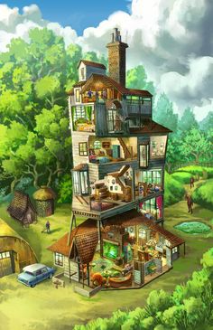 an animated house in the middle of a lush green forest