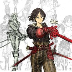 an anime character holding two swords in one hand and another person standing behind him with other characters