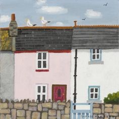 a painting of some houses with seagulls flying over them