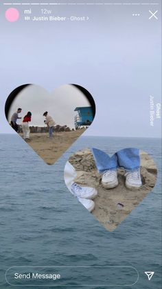 two people standing on top of a beach next to the ocean with heart shaped photos