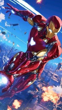 an iron man flying through the air over a city