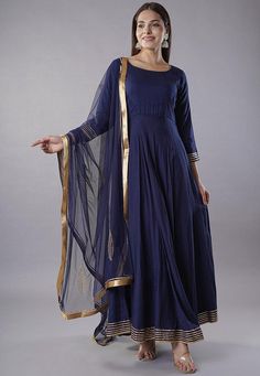 Readymade Rayon Abaya Style Kameez in Navy Blue Color. This attire with Cotton Lining is Enhanced with Gota Lace Work. Crafted in Round Neck and Quarter Sleeve. Available with a Rayon Pant and a Net Dupatta in Navy Blue Color. The Kameez and Bottom Lengths are 54 and 38 inches respectively.   Do note: 1.)Accessories shown in the image are for presentation purposes only and length may vary upto 2 inches. 2.)Slight variation in actual color vs. image is possible.   We sell all kinds of Salwar Kame Blue Salwar Kameez, Party Wear Dresses Indian, Indian Party Wear Dresses, Wedding Outfits Indian, Vs Image, Readymade Salwar Kameez, Latest Salwar Kameez, Indian Wedding Outfit, Cotton Salwar Kameez