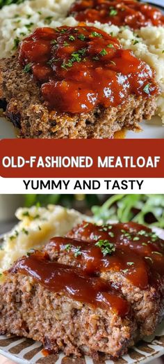 meatloaf with gravy and mashed potatoes on the side is shown