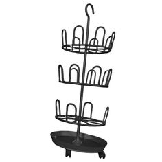 three tiered metal rack with umbrellas on it