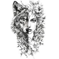 a drawing of a woman with flowers on her head and wolf's face in the background