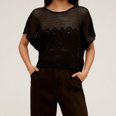 New W/ Tags. Mango Openwork Knit T-Shirt. Color: Black. Size: M. Color: Black. 95% Polyester,5% Elastane. Cropped Design. Straight Design. Openwork Design. Rounded Neck. Short Sleeve. Casual Pointelle Knit T-shirt For Summer, Crew Neck Pointelle Knit Top For Layering, Black T-shirt For Spring Layering, Relaxed Fit Pointelle Knit Top For Layering, Black T-shirt For Layering In Spring, Black Short Sleeve Knit Sweater, Trendy Crew Neck Mesh Top For Layering, Black Short Sleeve Top For Layering, Black Short Sleeve Sweater For Spring