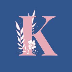 the letter k is made up of flowers and leaves on a blue background with pink letters