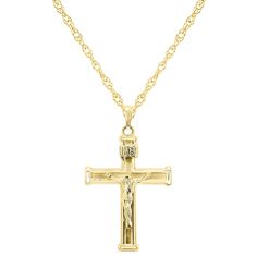 "Keep your faith close to your heart when you don this sterling silver crucifix pendant. Keep your faith close to your heart when you don this sterling silver crucifix pendant. Pendant size: 1 3/4""L x 1""W Chain length: 18 in. Chain type: rope Clasp: spring-ring Metal: sterling silver Finish: polished Packaging: boxed Please note, due to the high value of this item, a signature may be required upon delivery. Size: 18"". Color: Yellow. Gender: female. Age Group: adult. Material: Gold Over Sterli Spiritual Crucifix Jewelry For Anniversary, Spiritual Crucifix Cross Necklace For Anniversary, Spiritual Crucifix Jewelry And Charms For Anniversary, Metal Rings, Spring Rings, Cross Pendant, Cross Necklace, Jewelry Necklace Pendant, Jewelry Watches