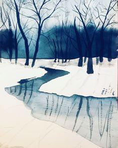 a painting of trees and water in the snow