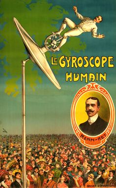 an old poster with a man on top of a pole in front of a crowd