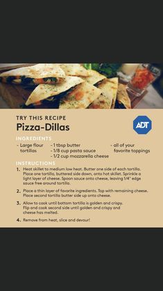 the menu for pizza - dillas is shown in blue and brown colors, with an image of tortilla chips on it