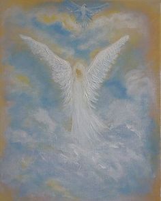 a painting of a white dove in the sky