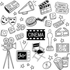 a black and white photo with the words cinema on it, surrounded by various icons