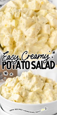 easy creamy potato salad in a white bowl with the title text overlay reads easy creamy potato salad