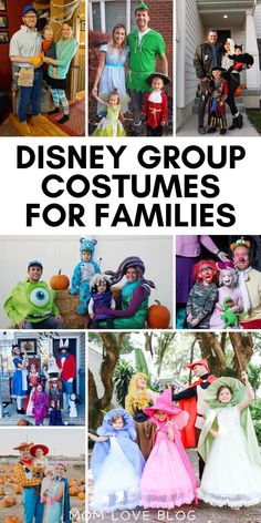 Collage of Disney family costumes for Halloween, including Peter Pan, Alice in Wonderland, Toy story, and more. Costumes For 6 People, Halloween Costumes For 6 People, Halloween Costumes For 6, Family Costumes For Halloween, Family Costumes For 4, Disney Group Costumes, 4 People Halloween Costumes, Sibling Costumes, Peter Pan Halloween Costumes