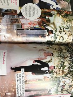 two magazines with pictures of people and flowers on the pages, one has a photo of a bride and groom