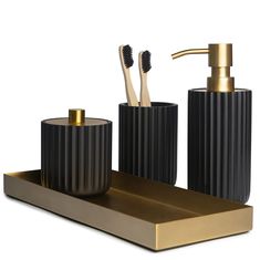 PRICES MAY VARY. Nullify Handcrafted from Finely Sculpted Resin & Stainless Steel - Our 4 piece bathroom decor sets accessories are designed to add a uniquely modern traditional appeal and infuse effortless style into your space design. Exceptional Quality & Style - Our Black & Gold Collection feature a ribbed texture with antique brass accents. Made with high-quality resin and rust-proof stainless steel, our collection is durable and long-lasting. The pump of the soap dispenser is sturdy and ea White Bathroom Accessories Set, Black Bathroom Accessories Set, Matte Black Bathroom Accessories, 4 Piece Bathroom, Gray Bathroom Accessories, White Bathroom Accessories, Gold Bathroom Accessories, Boho Bathroom Decor, Matte Black Bathroom