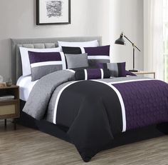 PRICES MAY VARY. 100% Microfiber Polyester Upland 7-Piece Comforter Set Includes: 1 Comforter, 2 Shams, 1 Bedskirt, 1 Cushion, 1 Neck Roll, 1 Breakfast Pillow King Size Measurements: Comforter 104" x 92", Shams 20" x 36", Bedskirt 78" x 80" +14" drop, Square Cushion 18" x 18", Neck Roll 7" x 18", Breakfast Pillow 12" x 18" A luxurious pin-sonic pressed medallion design quilted in a patchwork pattern with each fabric pieced together. The perfect unison of three tone colors to draw out the exhilar Couples Room Ideas Bedrooms, Purple And Grey Bedroom Ideas, Purple And Gray Bedroom Ideas, Breakfast Pillow, Couples Room, Purple Bedding Sets, Glam Bedroom Decor, Floral Comforter Sets, Floral Comforter