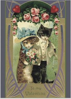 two cats are standing next to each other wearing hats and holding bouquets in their hands