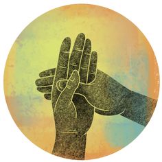 two hands reaching for each other in front of an orange and yellow background