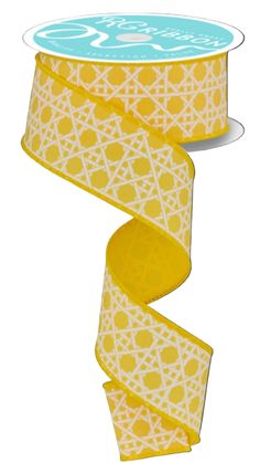 a yellow and white ribbon with an intricate design on it