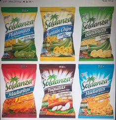 six packets of salad mix sitting on top of each other in front of a white background