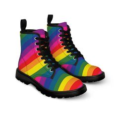 Be uniquely YOU with these colorful rainbow combat boots! Alt Shoes, Pride Shoes, Goth Boots, 50th Anniversary Gifts, Rainbow Canvas, Cute Goth, Canvas Boots, Color Rainbow, Shoes Wedding