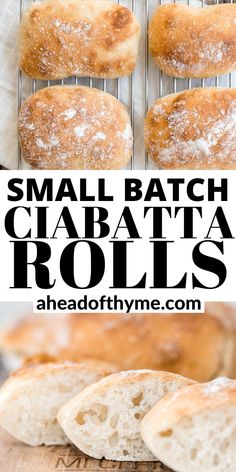 small batch ciabatta rolls on a cooling rack with text overlay reading small batch ciabatta rolls