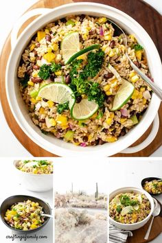 this is a collage of pictures with rice, broccoli and other foods