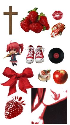 various items that include strawberries, an apple, and a cross on a white background