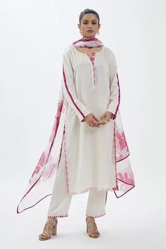 Shop for Sitaraa Ivory Magnum Kurta Set With Floral Print Dupatta for Women Online at Aza Fashions White Kurta Set, Kurta Set With Dupatta, Perspective Sketch, Bridal Lehenga Red, Straight Fit Pants, Straight Kurta, Sharara Set, Indian Outfit, Long Tunic