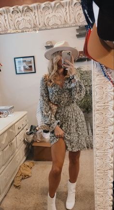 Fancy Southern Outfit, Country Style Outfits Winter, Staff Night Out Outfit, Summer Outfits With White Boots, Country Style Dresses With Boots, Outdoor Country Wedding Outfit Guest, Mimosa Outfit, South Western Outfits Women, Cute Western Dress Outfits