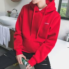 SIZE Length Bust Shoulder Sleeve M 63 98 43 61 L 66 102 45 63 XL 69 106 47 65 XXL 72 110 49 67 Unit: cm Red Hoodie Outfit Men, Red Hoodie Outfit, Hoodie Outfit Men, Kids Dress Shoes, Boy Hoodie, Winter Guard, Boyfriend Hoodie, Hooded Jumper, Hat Embroidery