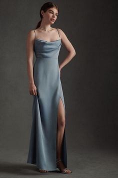 An enchanting silhouette with a draped neckline and open-backed, tie-strap detail boasts sophistication while radiating femininity. Bright Dress, Blue Bridesmaid Dress, Midi Slip Dress, Blue Bridesmaid Dresses, Dress Dusty, Blue Bridesmaids, Satin Maxi