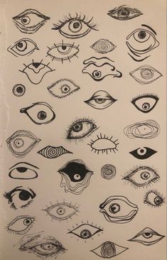 an image of many different types of eyeballs in black ink on white paper,