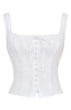 This sunny-day top is cut from delicate embroidered eyelet and finished with softly frilled edges and a dainty tie at the wide squared neckline. Exclusive retailer Square neck Sleeveless Lined 82% lyocell, 18% linen Dry clean Imported Anglaise Top, Style Chart, Lace Up Tank Top, Eyelet Embroidery, Corset Style Tops, Womens Camisoles, White Lace Top, House Of Cb, White Eyelet