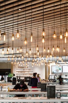 people sitting at tables in a restaurant with lots of light bulbs hanging from the ceiling