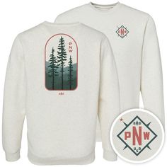 Description: Introducing the Pacific Northwest Midweight Fleece Crewneck - the perfect sweatshirt for your next adventure in the great outdoors. Made with soft and warm fleece material, this classic crewneck will keep you comfortable no matter where your travels take you. The front of the sweatshirt features a unique design of the acronym "PNW" with a compass, while the back boasts a depiction of a foggy Pacific Northwest forest. Whether you're hiking through the mountains or simply exploring th The Pacific Northwest, Lovely Clothes, Cool Hats, Great Outdoors, The Pacific, Pacific Northwest, North West, Lifestyle Brands, The Great Outdoors