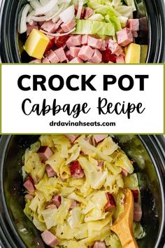 crock pot cabbage recipe in the crock pot with text overlay that reads crock pot cabbage recipe