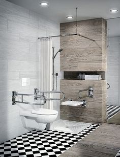 a bathroom with black and white checkered flooring