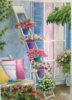 a painting of flowers in pots next to a window with a ladder on the side