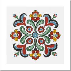 an ornate design with red, yellow and green flowers on white paper in a square frame