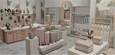 a large room filled with lots of furniture and decor items in pink, beige and white colors