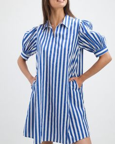 Royal Stripe Puff Sleeve Shirt Dress Chic Cotton Puff Sleeve Shirt Dress, Chic Cotton Shirt Dress With Puff Sleeves, Casual Cotton Puff Sleeve Dress For Work, Preppy Designs, French Bleu, Modern Preppy, Puff Sleeve Shirt, Daytime Dresses, Dress Shirt Sleeves