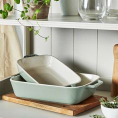 two dishes are sitting on a cutting board next to a potted plant and knife